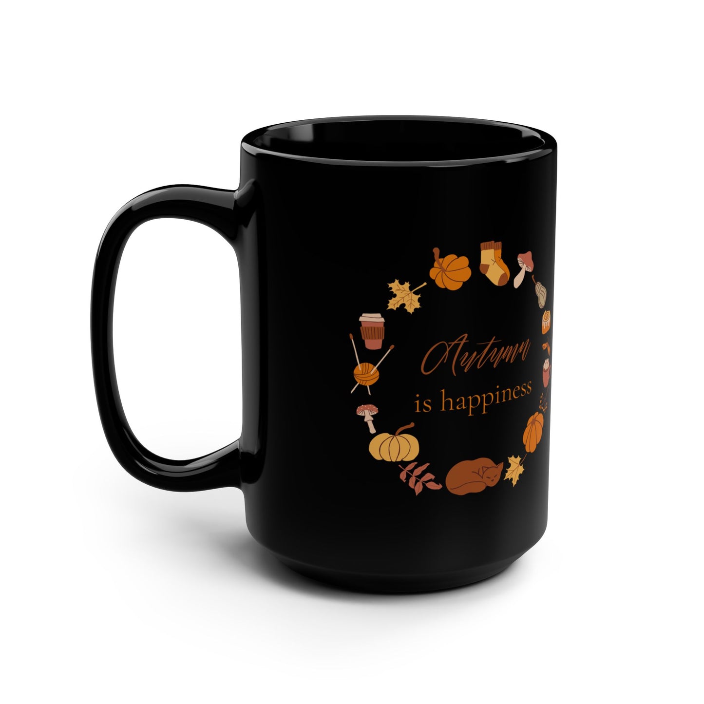 Autumn is Happiness Black Mug, 15oz