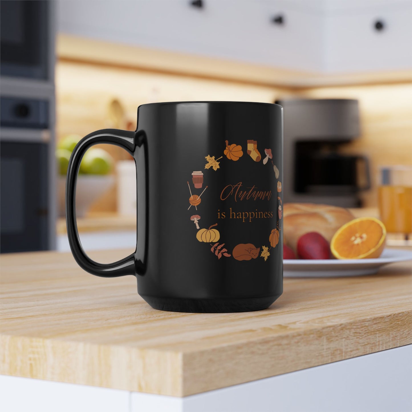 Autumn is Happiness Black Mug, 15oz