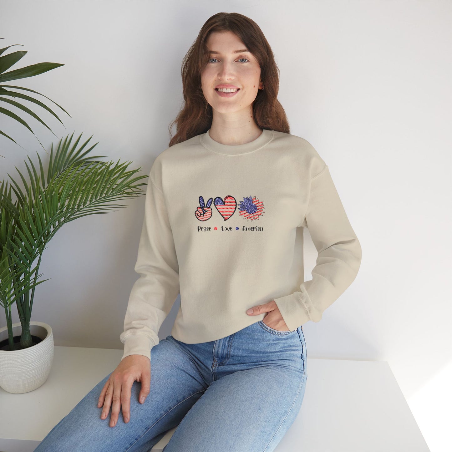 Peace Love America Unisex Heavy Blend™ Crewneck Sweatshirt (Embroidery Decoration)