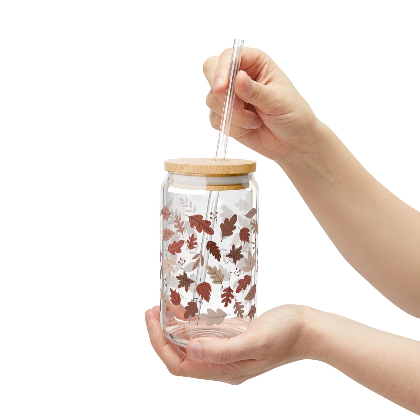 Brown And Pink Fall Leaves Sipper Glass, 16oz