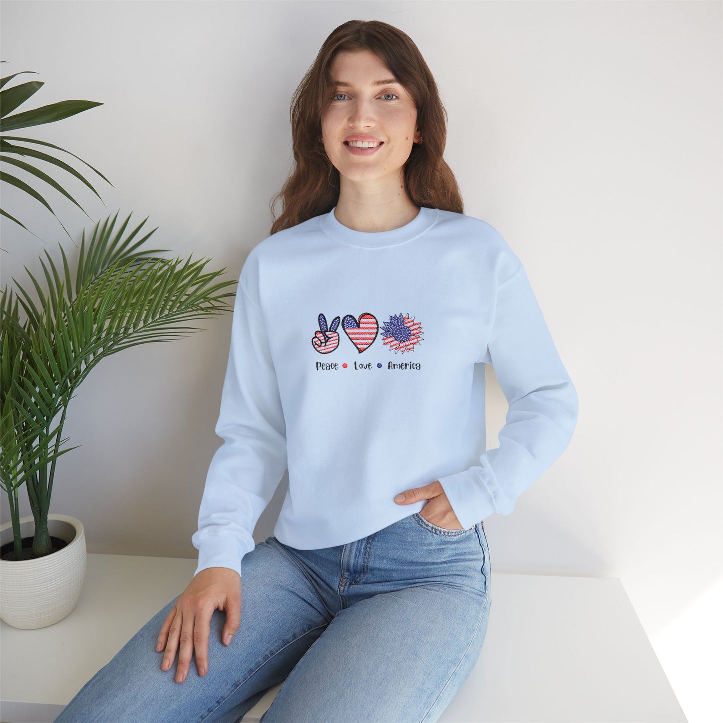 Peace Love America Unisex Heavy Blend™ Crewneck Sweatshirt (Embroidery Decoration)