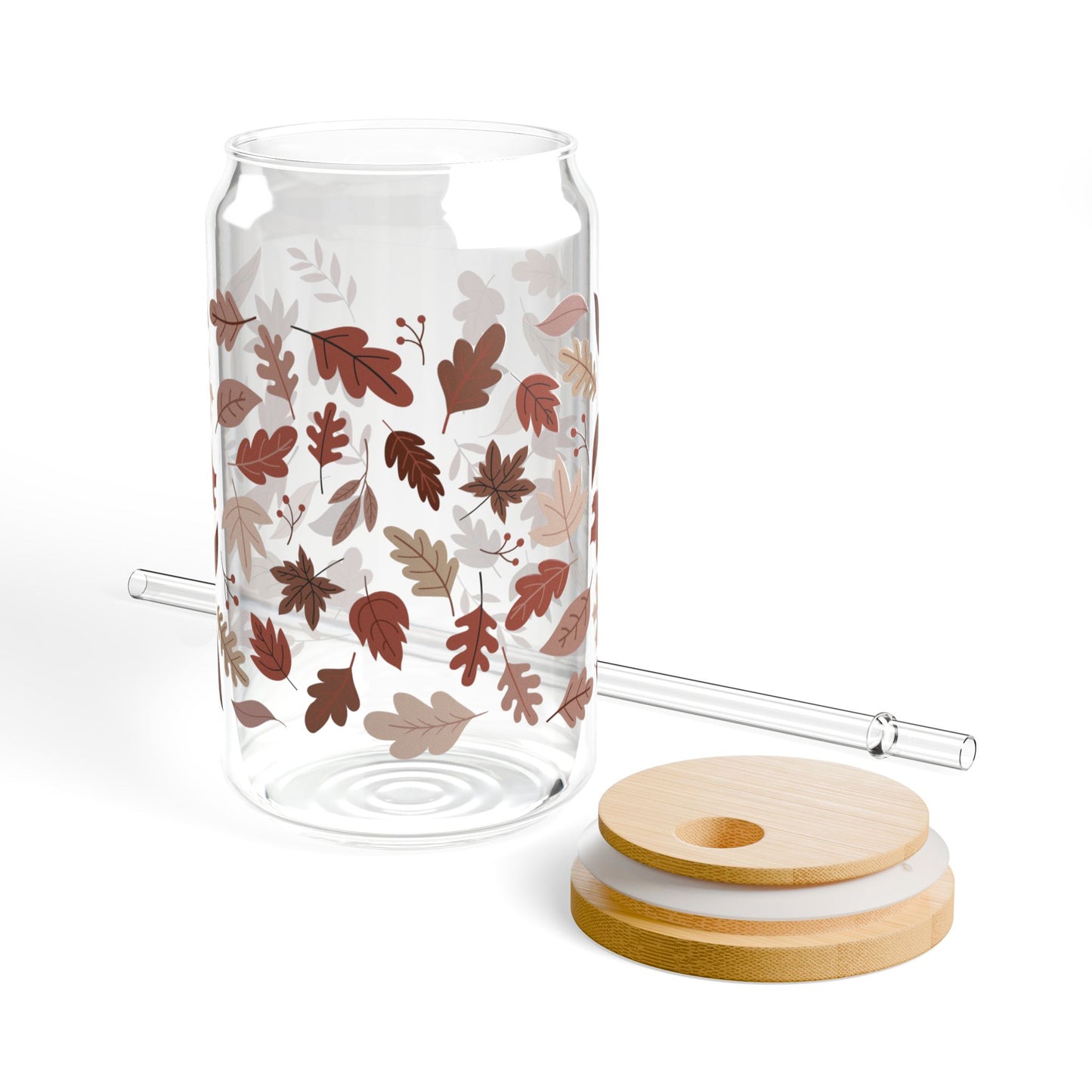 Brown And Pink Fall Leaves Sipper Glass, 16oz