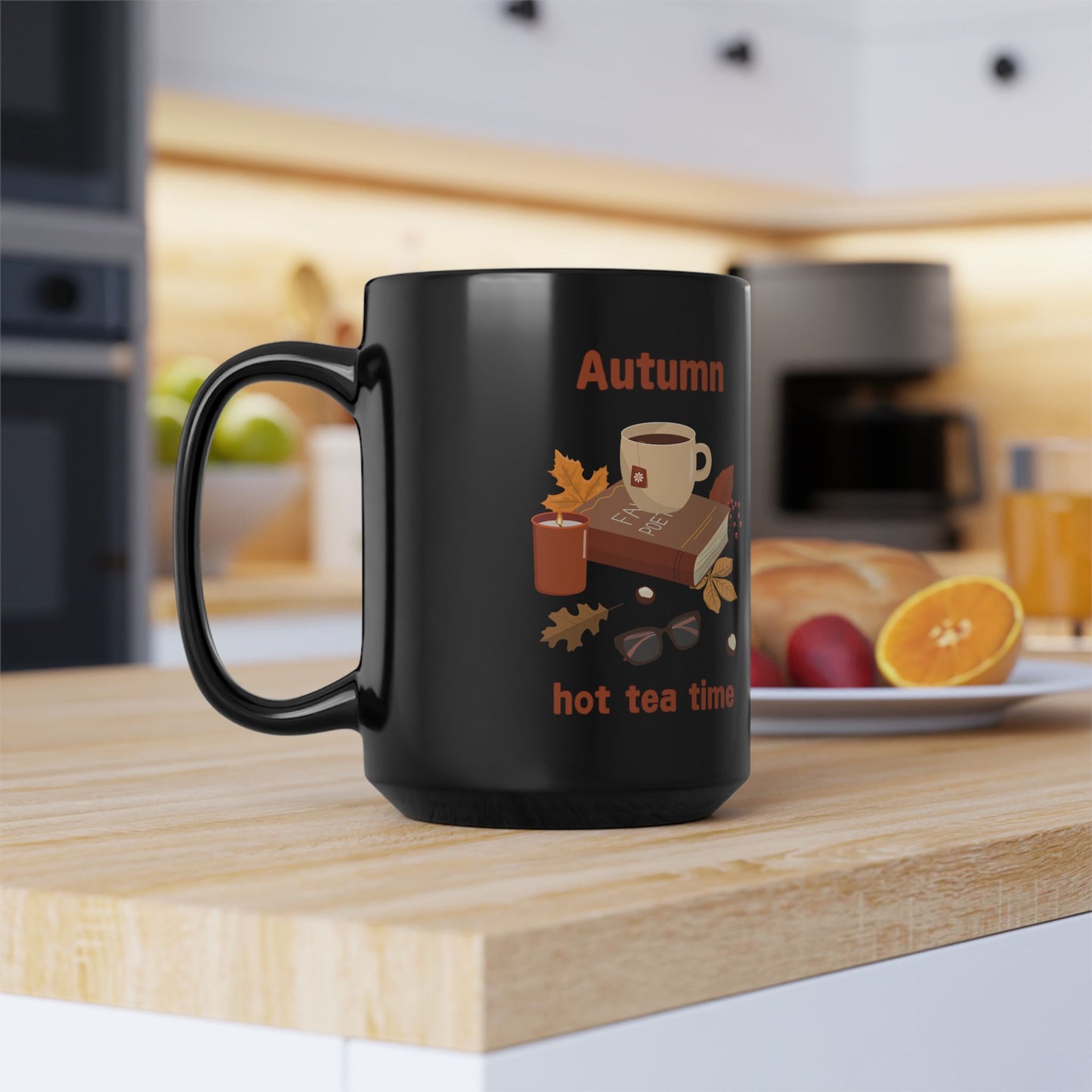 Autumn Hot Tea Time Black Mug, 15oz
