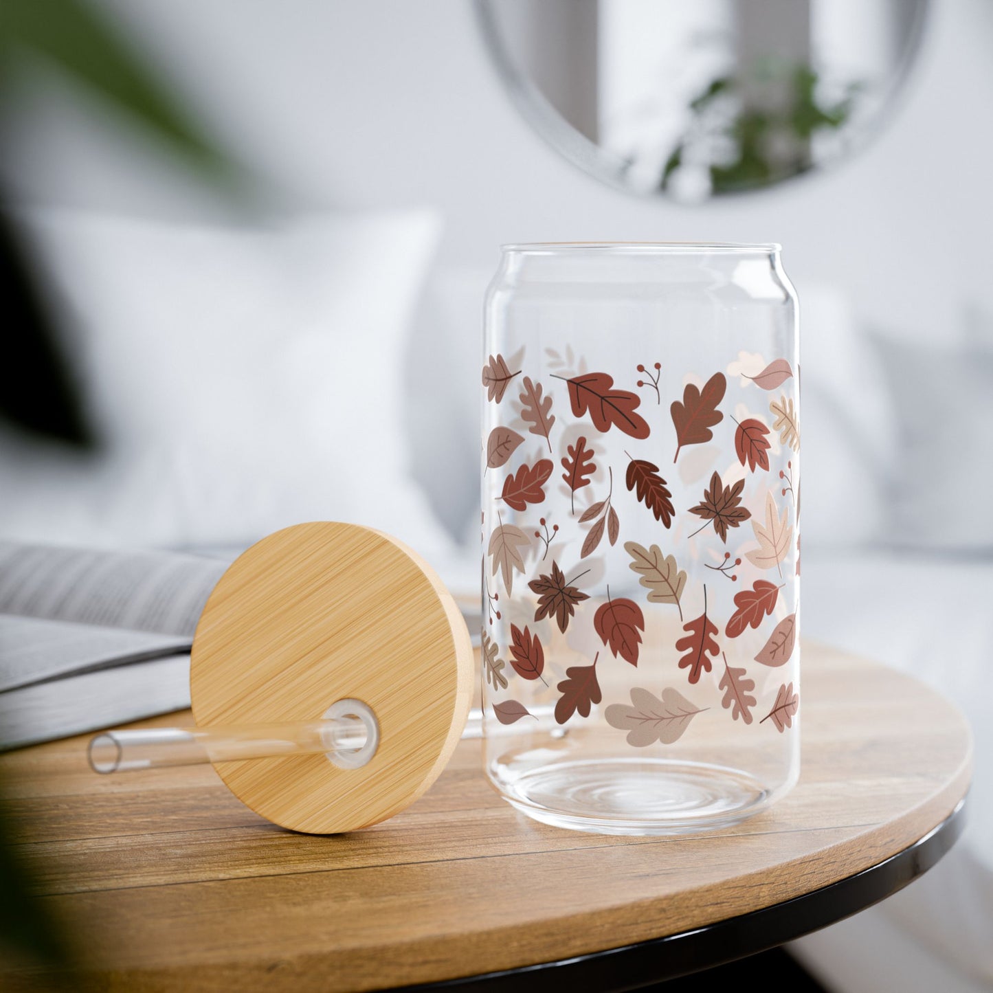 Brown And Pink Fall Leaves Sipper Glass, 16oz
